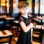 Placeholder: Russian tomboy boyish boylike short man's haircut boyish features in black girlish lacy cocktail dress in restaurant