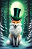 Placeholder: Cute fantasy white Christmas fox wearing a top hat; big pine trees all around; green volumetric lighting in the style of Brian Fround
