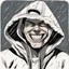 Placeholder: a closeup of a psychopathic young man with white eyes in a heavy coat and hood during a rainstorm laughing cartoon