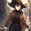 Placeholder: Clear focus, High resolution, short brown spiky hair, hair between eyes, eyes closed, wearing a brown detective hat, wearing a brown jacket and a black shirt, wearing black shorts, 1girl, pulling at down, smiling