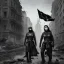 Placeholder: women, faces covered in black masks, ragged clothes, holding flag, war-torn, destroyed city in the background, 8k resolution, hyperrealistic, detailed matte painting, b&w, dynamic lighting, war, anarchy, terrorists