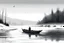 Placeholder: Lonely boat, fishing alone in the cold river and snow, panoramic composition, hazy low and slightly invisible distant mountains, snow flying over the calm water, on a small boat on the distant river, sitting at the stern of the boat, holding a slightly curved fishing rod, the head of the rod hanging low on the river, ink style