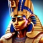 Placeholder: 3D close-up of a Egyptian king Ramses, high contrast, glowing backlighting, blue and red backlighting, vibrant hair, dark brown eyes, sharp focus, face painting, background blur.