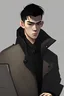 Placeholder: about 175cm in height, 76kg weight, with undercut black hair, brown eyes, thin lips, a game designer, oval face, vietnamese, in front of a laptop, black coat