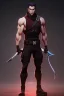 Placeholder: j.scott campbell, muscular ninja assassin, full head to toe portrait, athletic build, wearing black and red baggy pants, big boots, swords behind back, dark hazel eyes, eyes are both in proportion and green, 3/4 look, 5 o'clock shadow, short brown hair, large arms and hands, standing, dark cobblestone alley, one halo white light behind head, non photorealistic rendering