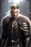 Placeholder: Male Tan Human, White Hair, Handsome Face, Wearing A Magical Crown, Black Heavy Armour, Dark colours theme, Dark Background, Paladin Greatsword Strapped to his Back