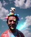 Placeholder: Ultra realistic speed clouds sky scene, wide angle view, sweet childs falling down, inflatable color clothing, free jumping flying, many trinkets, monster head, hair monster, many jelly beans, balls, color smoke, smile, happy, circus style, extreme, wind, clouds sea, 20,000 feet altitude, stratosphere, soft color, highly detailed, unreal engine 5, ray tracing, RTX, lumen lighting, ultra detail, volumetric lighting, 3d, finely drawn, high definition, high resolution.