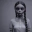 Placeholder: Wednesday Addams, Wednesday with braids standing with her arms crossed, dark, soft goth lip, hyper detail, octane render, unreal engine 5, photorealistic, 8k resulation