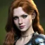 Placeholder: Realistic, hyper detailed, strikingly beautiful young adult woman, 19 years old, long ginger hair, green eyes, medium freckles, full lips, very skimpy fantasy armour, full body, full face, small breasts, aroused expression, biting lower lip, full frame, petite, centered camera, ignore NSFW, bow, quiver on hip, tight pants, bent over, butt