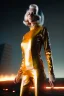 Placeholder: retro sci-fi portrait image from 1980, Los Angeles street explosions, fire, scared people, sweet young blonde woman walking, tight latex suit, soft color, highly detailed, unreal engine 5, ray tracing, RTX, lumen lighting, ultra detail, volumetric lighting, 3d, finely drawn, high definition, high resolution.