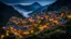 Placeholder: A hidden mountain village built on terraces, with houses carved from crystal and paths lined with glowing, floating lanterns that light up the misty evening air. Award-winning photograph, 80mm focal length, chiaroscuro