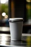 Placeholder: Paper cup with coffee, black lid, cup in the foreground, cafe background in the background.