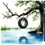 Placeholder: watercolor and ink showcasing a quaint swimming hole. Oak tree branch with an old tire tied to a rope dangling over water. Reflective. The atmosphere captures the stillness of a swimming pond with the underlying energy of a hot summer day. vision encapsulates a modern scene inspired by cinematic lighting techniques, enhancing the richness of textures and depth within the artwork, pastel sky with a few clouds, low contrast, elegant composition