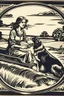 Placeholder: Block print nxious woman driving through countryside with her collie in passenger seat