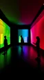 Placeholder: Meadows in rainbow room, in the style of projection mapping, energetic figures, contrasting shadows, multi-coloured minimalism, spontaneous gesture