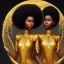 Placeholder: Biologically Female African American Twins, black skin, tall and slender, long afro kinky hair,big brown eyes, long eyelashes warrior wear. Big butts. Gold accents on clothing. Surround by trees. Holding golden spears. Starry night