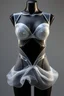 Placeholder: Aderente al busto, si espande in volumi fluttuanti nella parte bassa Materiali: TPU trasparente, tessuto reticolare stretch, inserti in silicone Dettagli: Strati sovrapposti effetto membrana in movimento, tagli organici che seguono la mappa dei muscoli
