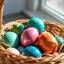 Placeholder: digital photograph of off-center modern basket colorful Easter eggs. eggs display intricate textures in azure, emerald, blush, crimson, sapphire,metallic cinematic HDR backlighting highlights subtle dimples and glossy reflections, with shallow depth of field softening the sunlit background. hyperrealistic 8k resolution,