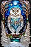 Placeholder: whimsical 3D and alcohol ink ethereal image of radiant chalkboard drawing of a hyperdetailed snow owl, pine trees by a frozen pond, ice crystals spread out from the wings; made of stained glass and agate with copper foil highlights; pearls, sequins, faceted gemstones, crystals, snowflakes, starry night, nebula sky, crescent moon, luminous color sparkles, 80's poser art, gig poster art, deep forest, glitter snow, snowflakes, hyperdetailed realistic