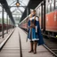 Placeholder: cosplay woman in medieval maiden waiting a train on the platform, het bad on the ground contains a sword and a calice
