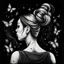 Placeholder: a woman with her hair tied in a ponytail. look behind. butterflies, birds, stars fly around her head. charcoal graphic