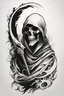 Placeholder: A realistic drawing in negative space black ink on white background of a beautiful reaper taking a soul with abstract brushstrokes design baroque