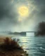 Placeholder: By Sergiо. Style by Greg Rudkowski. Thick white milky dense fog on a deserted beach with lonely bushes.flooded raged water .stormy wether in the waterg a bridge is falling in the river a full moon, Bruegel painting style