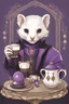 Placeholder: (anthropomorphic white ferret),dressed in ((cleric fantasy)) black and purple clothes with silver holy ornaments, realistic anatomy, fantasy tavern on background, mage and holy symbols around, serious face, hold cup of coffe, tired face, in the style of LOISH