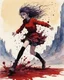 Placeholder: Petit girl goth, run pose, fullbody, splashes blood, behind guts rising from the ground, watercolor illustration by Jean Giraud Moebius, darkred tones,