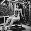 Placeholder: Black and white, retrofuturism, and sci-fi photograph of a woman in_undies with sleek, dark hair, wearing a form-fitting, high-tech harness with mechanical components and cables. She is seated in a futuristic chair with complex machinery and wires connected to it. The setting appears to be a laboratory or control room, evoking a mid-20th-century vision of the future. High-detail, vintage aesthetic