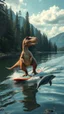 Placeholder: Dinosaur doing water skiing in the river dolphins are rising with him
