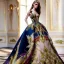 Placeholder: stunning couture gown designed by Marchesa inspired by fairies, realistic epic elegant fantasy colors in gold and black and red,decorated with precious stones, detailed, high quality, intricate, fantasyland background,