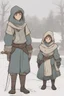 Placeholder: DnD style, two medieval peasant kids playing in the snow male and female, age 14 and 15, happy and playful, he has a short sword.