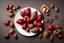 Placeholder: Red round plate with macadamia nuts with hard woody shells on rustic gray background. Food ingredient preparation for ketogenic diet meal plan, healthy eating lifestyle theme , 8k , cinematic