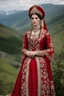 Placeholder: Gorgeous photography Circassian bride over the valley, half body, proud beauty, cap, scarf, embroidered Circassian women's red wedding dress of the 19th century, top dress "jan", cross fasteners bibs, caftan "kIekI", top swing dress "sai" emphasis on small details and pattern , intricate beautiful, rich, complex pattern, pearls, gold beads, cabochons, on leather and velvet, gold braid around the edge, garus, gimp, watercolor, ink drawing, hyperrealistic, art photo, folklore