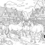 Placeholder: oloring book for kids, no colors, horses in village