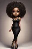 Placeholder: create a digital airbrush image of a chibi curvy black female wearing a black maxi dress and black sandals. Prominent make up with brown eyes. Highly detailed wild tight curly afro.