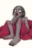Placeholder: A zombie young woman, piel pálida, piel grisácea, Uñas negras brillantes , ojos blancos, fondo simple , acostado en el suelo, Mano en la lengua, black lips, pies descalzos, uñas negras largas , falda completa de cuerpo y pies, cuerpo sudoroso,Ilustración en un estilo semi-realista con colores vibrantes y sombras suaves