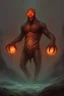 Placeholder: A giant floating fiend, glowing eyes, malevolent, chest burning, majestic, colorful, warm light, by Lucas Graciano