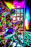 Placeholder: Artistic photo in the audacius style of Jill Greenberg, upclose striking image about "The Thinker statue", the statue as main focus in a white room with his body covered in movie scene shadows playing on the body about news and movie scenes. Exploding into the air are colourful matrix data and virtual numbers, on the floor are broken pieces of statue, questioning the role of deep thought in an increasingly digital and disconnected world, , extravagant, barroque escene