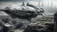 Placeholder: a photorealistic sleek silver spaceship flying over a ruined city