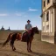 Placeholder: a man on a horses with a town in the background