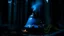 Placeholder: bell shaped object with a smooth metal surface flipped over on its side buried and smoking in the middle of the forest after dark glowing blue