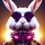 Placeholder: Rabbit toddler, smile, steampunk headphone, sunglass, gangsta neckless, full body, magenta puffer jacket, manila city background, dramatic lighting, hyper realistic, unreal engine 5, 16k