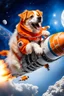 Placeholder: white and orange dog flies to the moon on top of the a rocket