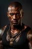 Placeholder: portrait of a 35 year old Handsome muscular mercenary with dark bronze skin adorned with tattoos. photorealistic