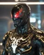 Placeholder: A detailed raw photo of the Venom black Cyborg made entirely of luminescent and translucent liquid materials, bathed in cinematic light. You can see all the inside of his body, with two Daft Punk-style, realistic elements, captured in infinite ultra-high-definition image quality and rendering