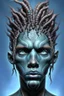 Placeholder: A young male water genasi with deep blue skin color, water shape like dreads on head.