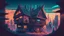 Placeholder: small Wooden European Cabin, In cyberpunk city-skyline, comic style
