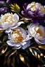 Placeholder: painting of white small Peonies flowers with gold flowers in center of canvas dark purple background